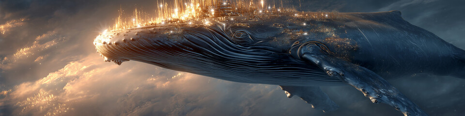 Side view of a colossal blue whale carries luminous floating city across the clouds over the sea. A hyper-realistic, symbolic journey of wisdom, prosperity, and spiritual transformation. Generative Ai