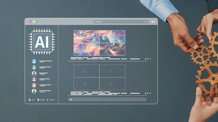 A modern workspace scene featuring hands interacting with a digital interface focused on artificial intelligence concepts, showcasing innovation and collaboration. Raster
