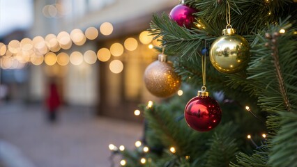 Close up of balls on christmas tree. Bokeh garlands in the background. New Year concept.