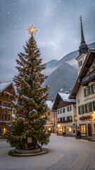 Christmas decorated fir tree on the old town hall square in Hallstatt at Christmas, Austria