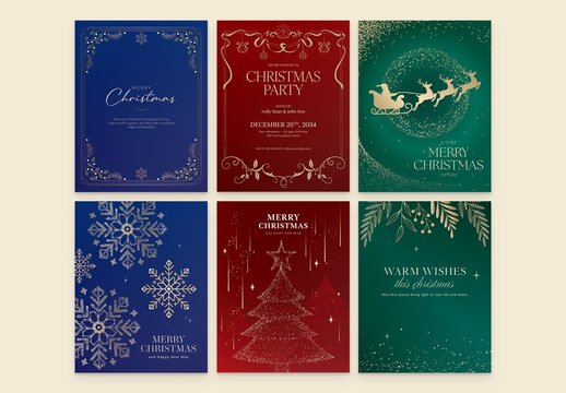 Christmas Flyer Poster Invitation Set in Red, Green & Blue Hues with Luxury Gold Accents & Festive Style for Holiday Greetings Cards