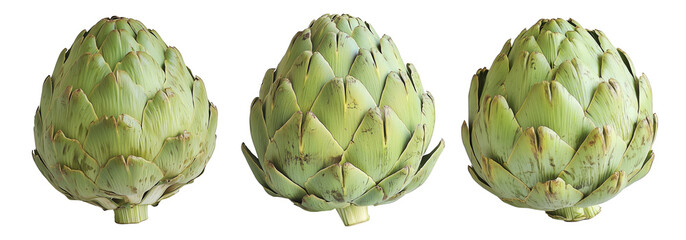 Obraz premium Single fresh green artichoke with detailed texture isolated on white transparent background. Concept of healthy eating, organic food, and vegetarian diet