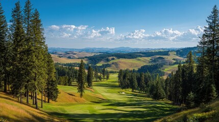 Wide angle of a championship golf course with rolling hills, tall pines, and a clear blue horizon perfect for a sunny round