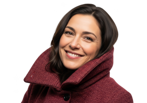 A close-up portrait of a smiling woman with dark hair, wearing a red coat, coat, hair, jacket, portrait, red, scarf, shawl, smile, wear, woman  - Powered by Adobe
