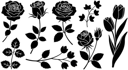 floral pattern set of black and white flowers illustration vector