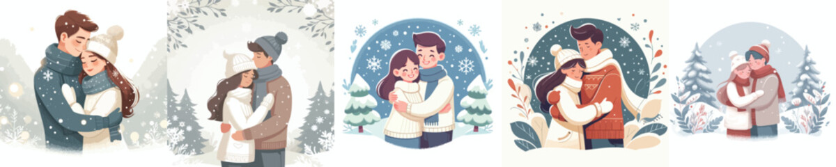vector half body of a couple hugging outside in the snow