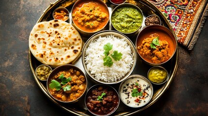Authentic Indian thali curry bowls naan rice lentils chutneys brass utensils traditional textile background no faces