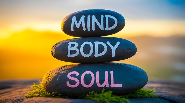 Stacked stones with mind body soul text symbolizing wellness and spiritual balance
