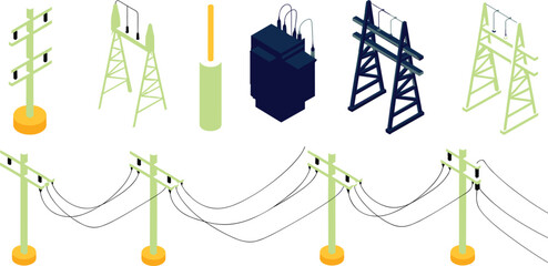 Isometric electrical poles, power lines, utility towers, energy infrastructure icons, transformer equipment, digital illustration of electricity distribution system for engineering and industrial use