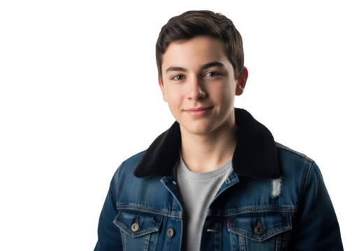 A young man wearing a denim jacket with a shearling collar, boy, denim jacket, jacket, man, portrait, pose, smile, wear 