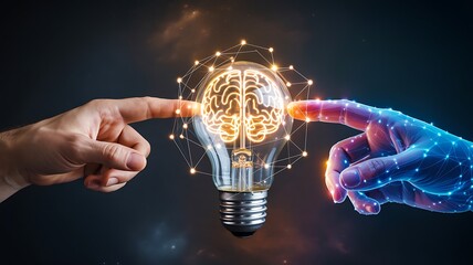 Human and ai hand touching glowing lightbulb brain symbol representing innovation concept