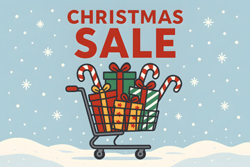 Shopping cart filled with presents and candy canes during holiday promotion event