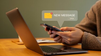 Person checking smartphone with new message alert while using laptop
