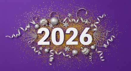 New year 2026 celebration with decorations and glitter on purple background