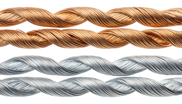 Two pairs of intertwined metallic strands, copper/gold & silver, on black