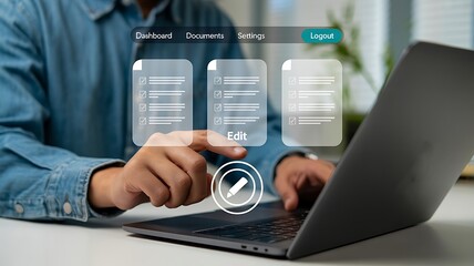 Person editing digital data dashboard on laptop using virtual interface icons

