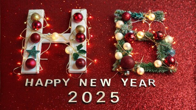 Happy New Year 2025 alphabet letter with Christmas decoration on red glitter background - Powered by Adobe