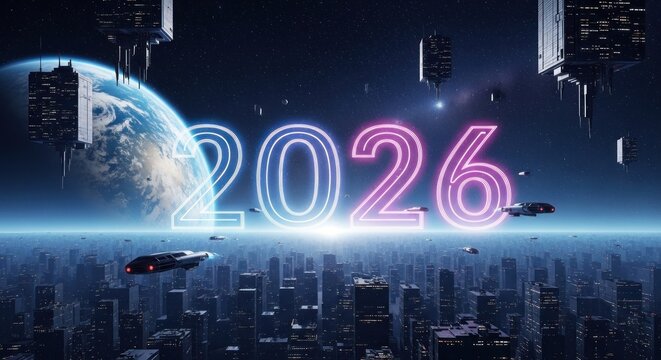 Futuristic 2026 typography against a cityscape and earth in space