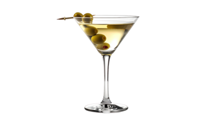 A classic martini in a triangular glass, garnished with olives on a toothpick