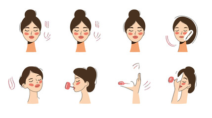 Set of flat vector illustrations showing women performing facial massage and skin care routine using facial rollers and hand techniques for relaxation and beauty care