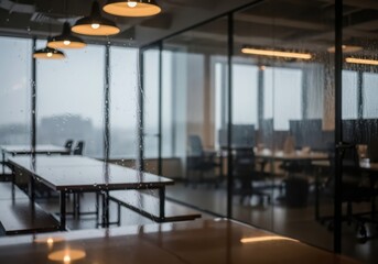 Modern office interior with a long communal table and benches, large windows showing a rainy day, and blurred workstations through glass