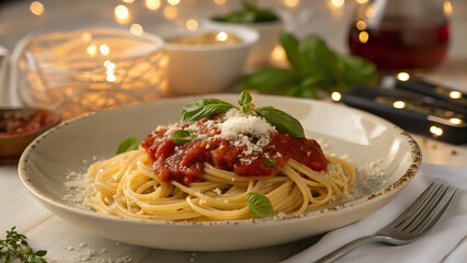 Italian pasta plate with tomato sauce, basil leaves, parmesan cheese, and soft warm lighting