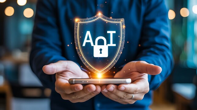 Person holding digital ai security shield for advanced cyber protection
