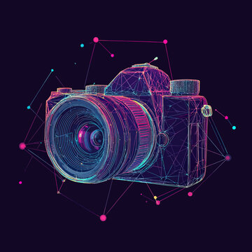 Abstract digital wireframe illustration of camera with polygonal geometric lines and dots in neon RGB colors on dark background for photography concept