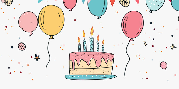 Hand drawn birthday cake with lit candles and colorful floating balloons party celebration doodle vector illustration festive invitation decoration elements