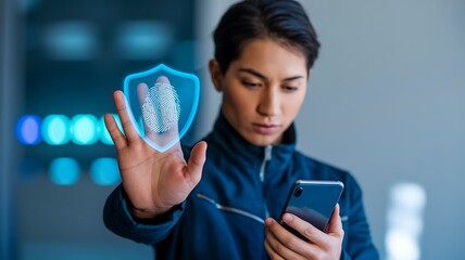 Woman using biometric hand scan with digital security shield on smartphone
