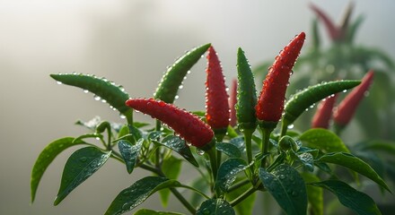 Vibrant red and green chili peppers glisten with morning dew on a misty soft focus background showcasing nature s spicy beauty