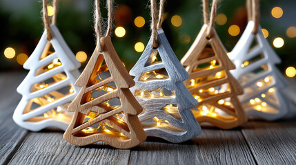 Rustic wooden Christmas tree ornaments featuring glowing LED fairy lights, creating a warm, festive holiday atmosphere on a cozy timber table, celebrating the winter season