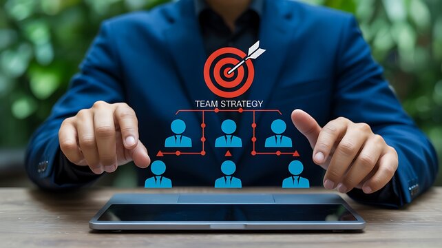 Businessman using tablet with digital team strategy and organizational structure icons
