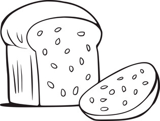 Black and white line drawing of sliced bread and loaf