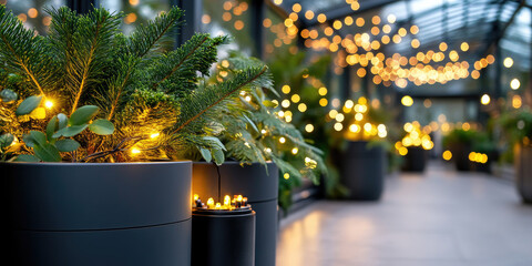 Modern glass conservatory pathway lit by warm candle lanterns and twinkling string lights, reflecting on the floor amid lush green foliage for a cozy, festive celebration