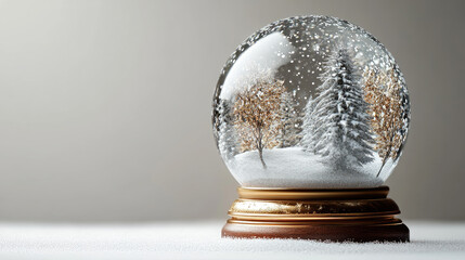 Snow globe showcasing a winter wonderland scene with falling snow and snow covered evergreen trees alongside golden leafed deciduous trees, resting on a wooden base