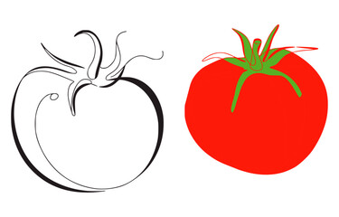 Black outline tomato next to red and green tomato fruit