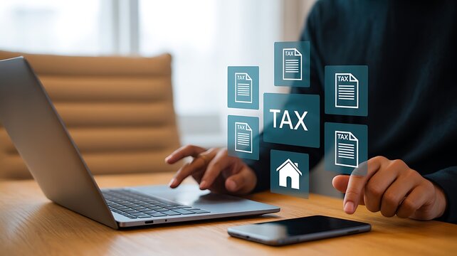 Person reviewing digital tax and home documents using laptop and smartphone
