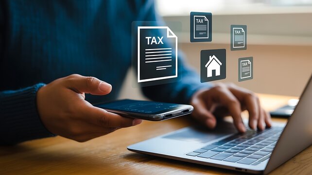 Person using smartphone and laptop to manage digital tax documents online
 - Powered by Adobe