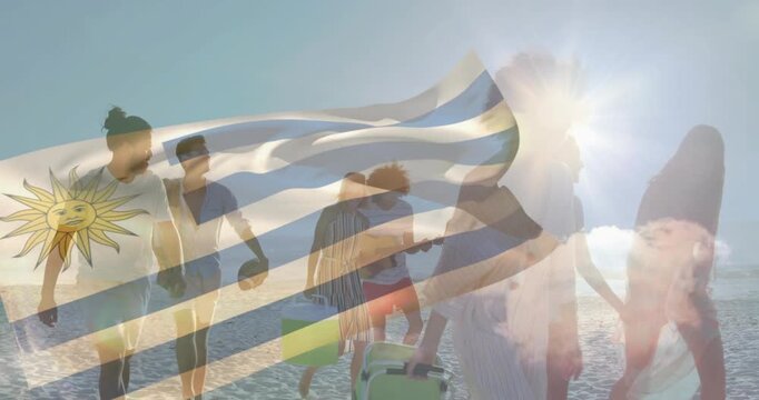 Group walking beach Uruguay flag overlay appearing woman singing while pal strumming uke for travel