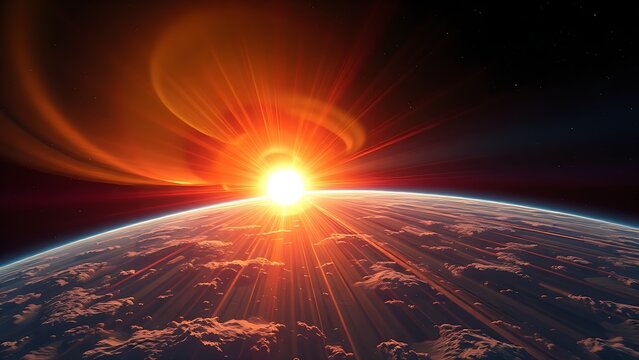 Behind the blue planet in outer space, a painterly scene of a solar corona eruption unfolds.