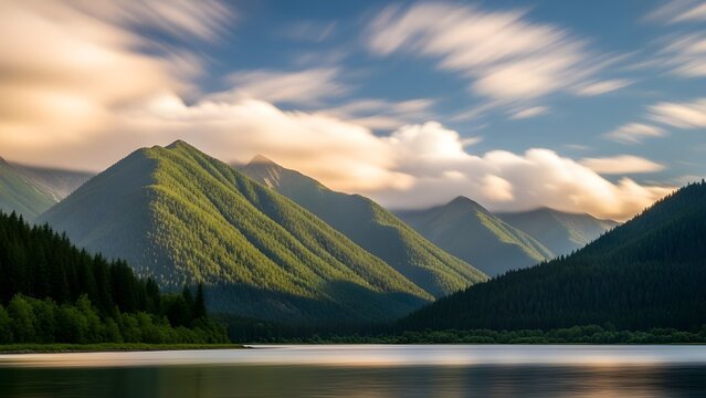 Majestic mountain peaks reflecting in calm lake waters under a cloudy sky
