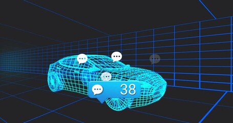 Neon cyan 3D mesh car getting badge appearing, counter climbing, chat icons floating up as alerts - Powered by Adobe