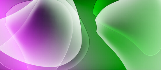 Abstract fluid shapes blend purple, green, white hues. Soft gradients create dynamic visual texture. Minimalist design evokes calm energy.