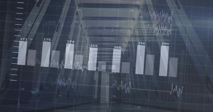 Left bar-chart appearing, faint data bars layering across corridor, updating numbers showing trends