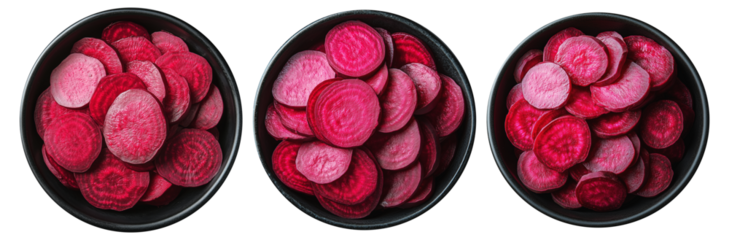 Freshly sliced boiled beets in ceramic bowl, garnished with mint leaves, isolated on white transparent background. Healthy food concept