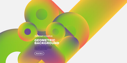 Vibrant geometric shapes overlap, creating dynamic colorful background. Text block present with call to action button.