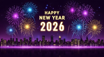 Happy New Year 2026 celebration with bright colorful fireworks reflecting on the city water at night