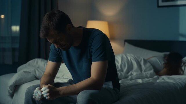 A frustrated man sits on the edge of the bed at night while his wife sleeps. The husband suffers and cries over the problem