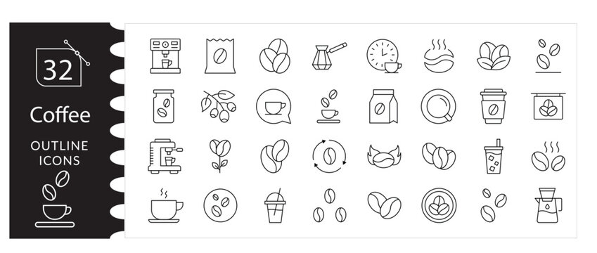 Coffee and Hot Drink Icon Set. Cup, Espresso, Cappuccino ,Tea Vector Pack, Cafe & Beverage Vector Collection.Mug, Latte, Mocha , Breakfast Symbols, Coffee Shop , Morning Drink Illustration Set.